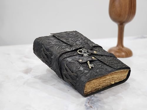 Embossed Leather Journal with Antique Key Vintage Pages Handmade Journal Leather Sketchbook Notepad Leather Travel Journal Book of Shadows Leather grimoire (Black, 7x5 Inch) - color: Black, size: 7x5 Inch