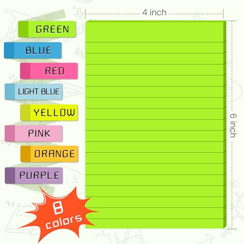 (8 Pads) Lined Sticky Notes 4x6 in Post, 8 Colors Self Sticky Notes Pad Its, Bright Post Stickies Colorful Big Rectangular Sticky Notes for Office, Home, School, Meeting, 40 Sheets/pad (Pack of 2) - size: 4X6 in (Pack of 2)