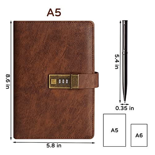 WEMATE Diary with Lock, A5 PU Leather Journal with Lock 240 Pages Brown | Vintage Lock Journal Password Notebook with Pen & Gift Box, Lock Diary Planner Organizer for Men and Women, 8.6x5.8in - color: Brown
