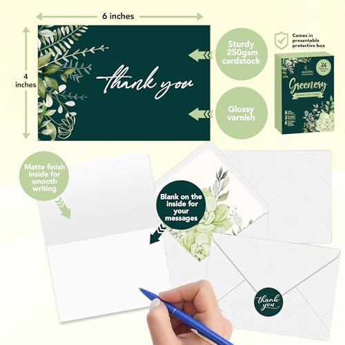Decorably 24 Pack 6x4in Greenery Thank You Cards with Envelopes - style: Greenery