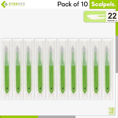 CYNAMED # 22 Disposable Scalpel with Plastic Handle - Sterile Single Blade Razor for Dermaplaning, Dissection, Podiatry, Professional Grooming, Acne Removal - Surgical Stainless Steel Tool - Box of 10 - style: No.22