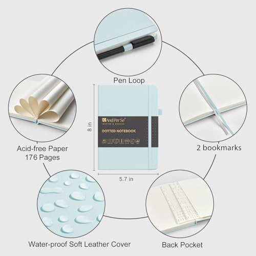 &And Per Se Dotted Notebook with Pen, 176 Numbered Dotted Pages, A5 Hardcover, Journal Stencils & Fineliner Pen for Beginners Women Men (Cyan) - color: Cyan, size: 176-Dotted