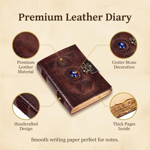 cuero 3 Moon Blue Lapis Embossed Vintage Leather Journal for Men & Women - 128 Pages, Antique Handmade Deckle Edge Vintage Paper, Leather Journal Writing Notebook Dairy Gift (5 inch by 7 inch, Brown) - color: Brown, size: 5 inch by 7 inch