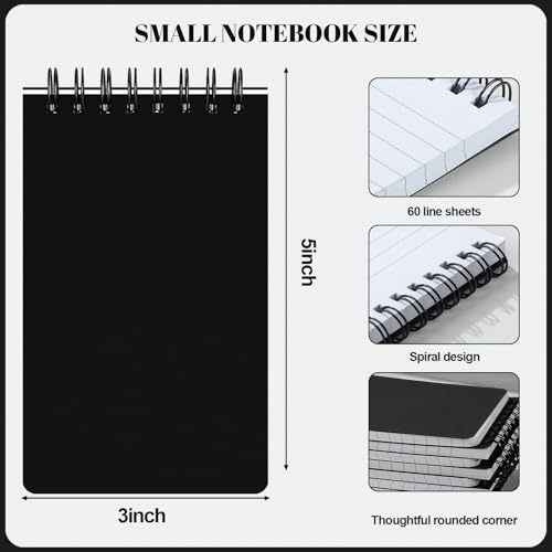 Thboxes 8 Pack Pocket Notebooks, 3 X 5 Spiral Notepads, Black - color: Black