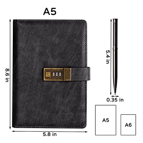 WEMATE Diary with Lock, A5 PU Leather Journal with Lock 240 Pages Black | Vintage Lock Journal Password Notebook with Pen & Gift Box, Lock Diary Planner Organizer for Men and Women, 8.6x5.8in - color: Black