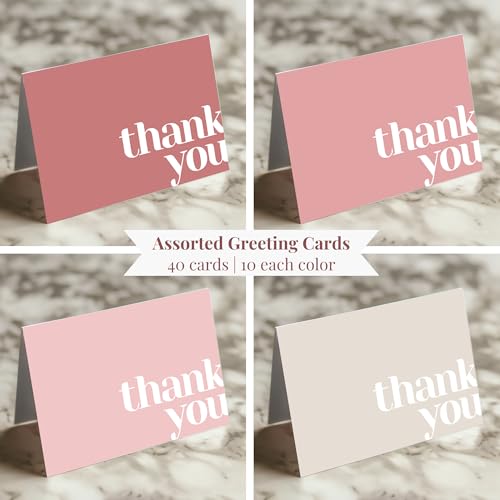 Paper Play Thank You Cards Bulk Pack of 40 Pink, 5x3.5 Inches with Matching Stickers & Envelopes, Minimalistic Design Suitable for Business, Baby Shower, Wedding, Small Business, Graduation, Funeral - color: Pink