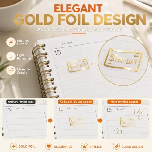 135Pcs Gold Pay Day Stickers for Planners, Foil Mini Planner Stickers 2 Sizes Decorative Payday Icon Stickers for Budget Planning Journal Finance Tracker Calendar Use Budget Organizer Accessories