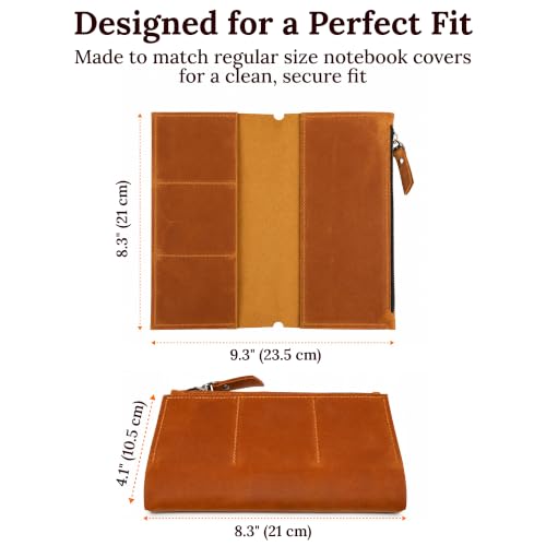 Genuine Leather Journal Insert for Regular Traveler's Notebook (4.1" x 8.3") – Refillable Notebook Organizer with Card Slots & Zipper Pocket, Handmade Leather Planner Accessory, Warm Brown - size: Regular