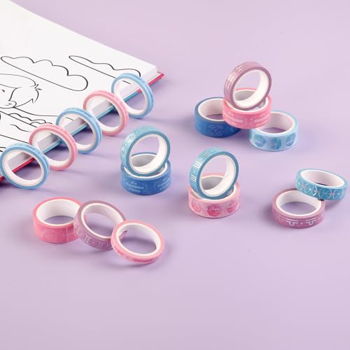 Washi Tape Set of 18 Rolls, Assorted Sizes, Decorative Tape for Journaling, Scrapbook, DIY Décor, Craft Supplies, Gift Wrapping, Metallic Foil, Celestial Pink and Blue - color: Celestial Pink and Blue
