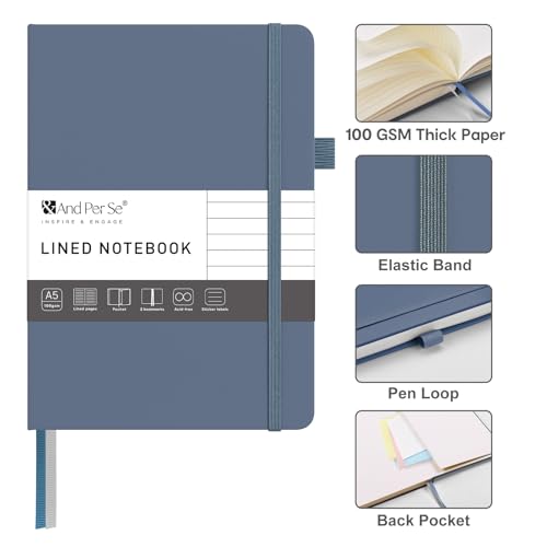 &And Per Se Lined Journal Notebook – A5 Hardcover, 160 Pages 100gsm Thick Paper, College Ruled for Writing - 5.7”x8” (Dark Blue) - color: Dark Blue, style: Lined 160 pages