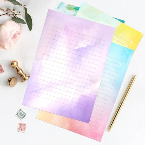 Watercolor Stationary Paper and Envelopes Set, 24 PCS Colorful Writing Stationery Paper with 12 PCS Envelopes,Pretty Watercolor Styles Stationery Printed Design for Love Letter, Party Invitations
