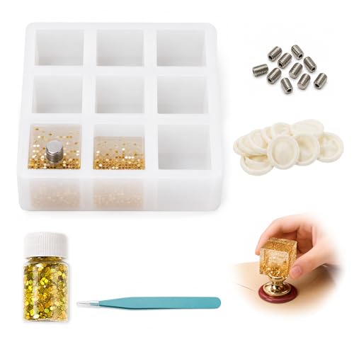 Nuvretk 23pcs Wax Seal Handle Mold Kit – DIY Resin Cube Mold Set with 9-Cavity Silicone Mold, 10 M8 Screws, Glitter, Tweezers & Finger Cots for Wax Stamp Handle Making