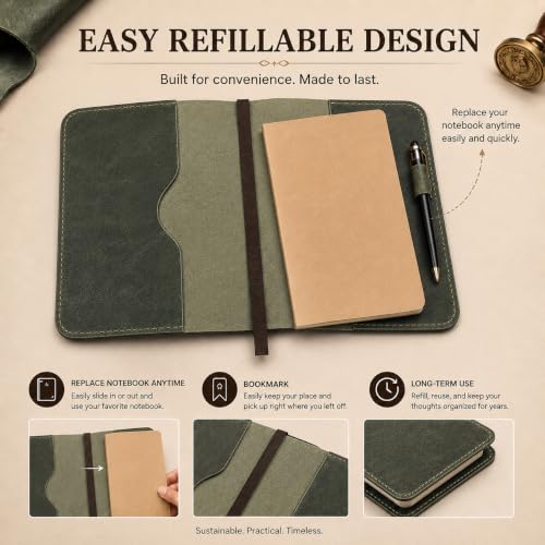 Handmade Refillable A5 Leather Journal Cover 9 x 6 in, Green - color: Green