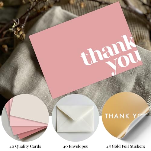 Paper Play Thank You Cards Bulk Pack of 40 Pink, 5x3.5 Inches with Matching Stickers & Envelopes, Minimalistic Design Suitable for Business, Baby Shower, Wedding, Small Business, Graduation, Funeral - color: Pink