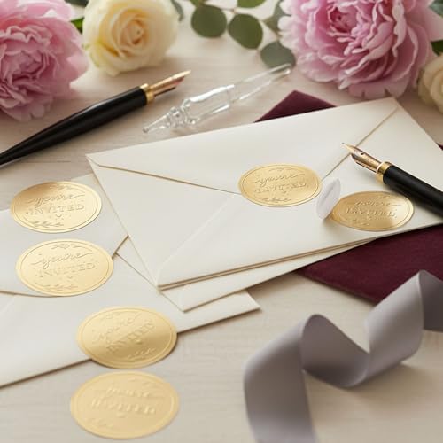 Gold Embossed Invitation Envelope Stickers: 100 Count, 1.6-Inch Round | Metallic Raised Botanical Foil Envelope Seals for Wedding Invitations, Bridal Showers & Formal Event Stationery