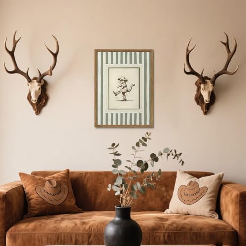 Funny Western Cowboy Cat Wall Art Cute Cat in Boots Decor Painting Vintage Southwest Sage Green Striped Animal Cowboy Poster Canvas Print for Living Room Bedroom 12x16 inch Wood Framed - color: Cowboy Cat B, size: 16"L x 12"W