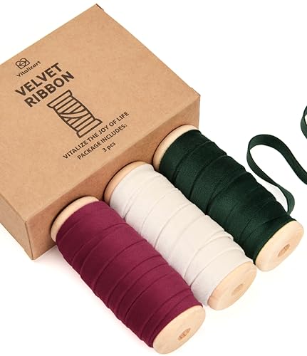 Vitalizart Christmas Velvet Ribbon Set 3/8" x 15 Yds for Holiday Wrapping - color: Christmas Ribbon