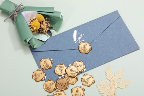 Yoption Eucalyptus Leaf Wax Seal Stickers, 50Pcs Antique Gold Envelope Seal - color: Leaf, Antique Gold
