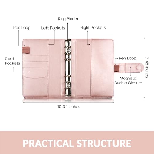 Sooez A6 Notebook Binder, 6 Ring Planner PU Leather Personal Organizer With Magnetic Buckle Closure, Loose Leaf Portfolio Cover, 7.48"x5.2" - color: Rose Gold, size: A6
