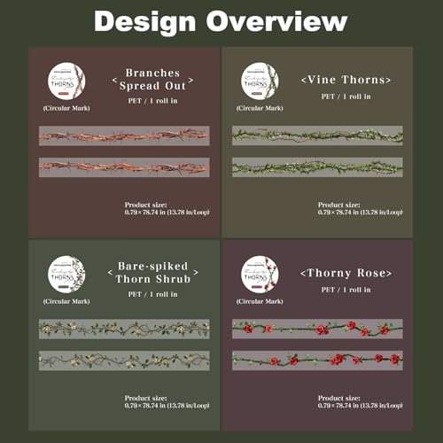4 Rolls Botanical Border PET Tape for Scrapbook Journaling - color: Thorns