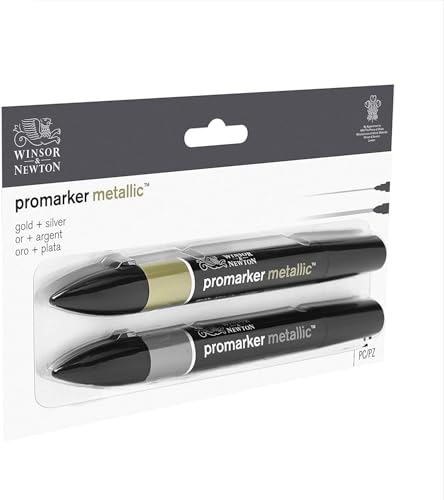 Winsor & Newton Promarker Metallic, Set of 2, Gold and Silver | Twin-tipped, Broad chisel nib for broad strokes & shading, Fine bullet tip for precision, Alcohol-Based Ink - color: Metallic, style: Set of 2