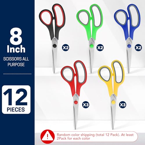 BURVAGY 12 Pack 8" Scissors All Purpose, Heavy Duty Scissors for Office | Scissors Bulk Multipurpose Comfort-Grip Sharp Adult Office Scissors Set Sewing Fabric Stainless Steel Blades, Right/Left Hand - color: 12 Pack