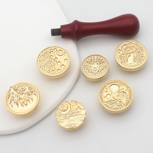 Wax Seal Stamp Kit, 6 Pcs Wax Seal Stamp Head 1 Wooden Hilt Letter Wax Seal Kit, Sealing Wax Stamp Seal Set Include Bee/Cat/Mountain/Sea/Moon Envelope Sealing Wax Stamps for Wedding Invitation - style: Moon Element Wax Seal Stamp Set