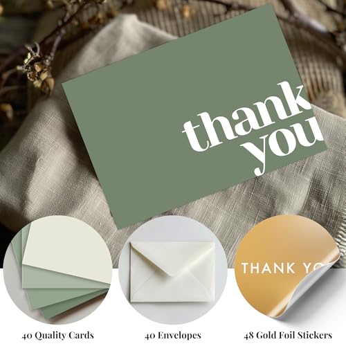 Thank You Cards with Envelopes Bulk Pack of 40 - Green Thank You Cards Set - color: Green