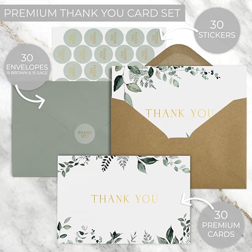 Beautiful Thank You Card Set - 30 Blank Cards with Envelopes & Stickers | Elegant Stationery Ideal for Weddings, Business, Baby Showers & More - Bulk Set for All Occasions