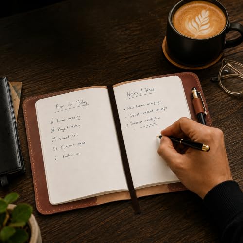 Handmade Refillable A5 Leather Journal Cover 9 x 6 in, Tan - color: Tan