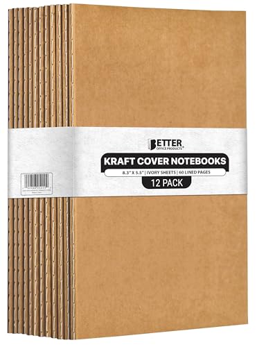 Better Office Products Kraft Notebooks Lined Paper, 12 Pack, 8.3 in x 5.5 in, A5 Size, 60 Lined Ivory Pages, 80 gsm, Soft Cover Composition Notebooks, Stitched Spines, Kraft Travel Journals - style: 12 Pack