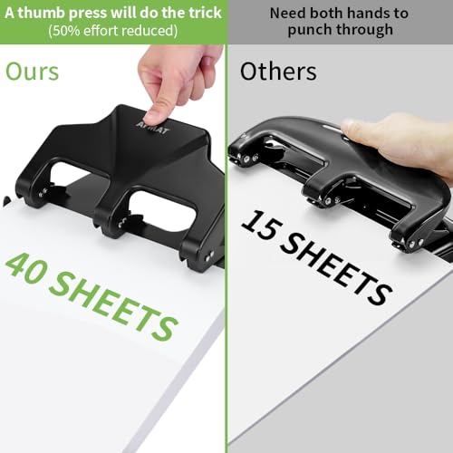 AFMAT 3 Hole Punch Heavy Duty, 40-Sheet Three Hole Punch, 50% Reduced Effort, 3 Hole Puncher for Binder w/Large Chip Tray, 9/32" Holes Diameter, Metal Paper Puncher for Home/Office/School, HP14 - color: Black