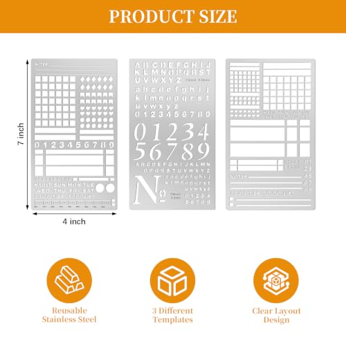 Planner Stencils, 3-Pack Reusable Stainless Steel Bullet Journal Stencils, 4 x 7 Inch Templates for A5 Bullet Journals, Bullet Journal Supplies for Creative Drawing, Habit Trackers and Calendars