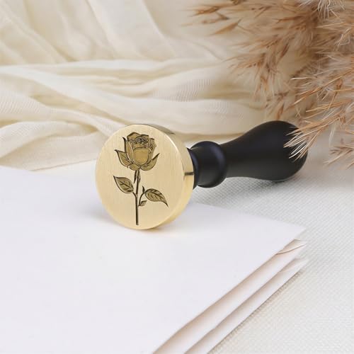UNIQOOO 3D Embossed Relief Rose Flowers Wax Seal Stamp with Wooden Handle, Floral Botanical Theme Vintage Brass Stamp for Wedding Invitation, DIY, Gift Wrap, Envelopes, Christmas Card - color: Rose