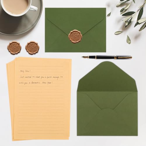 20 Letter Writing Paper and 6 Olive Green Envelopes Set - color: Olive Green, size: No pattern