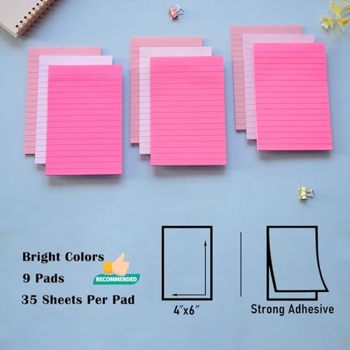 9 Pack Lined Sticky Notes 4X6 in Post Sticky Notes with Lines, Large Ruled Post Sticky Colorful Super Sticking Power Memo Pads Strong Adhesive (Pink Themed) - color: Light Pink, Red, Light Purple