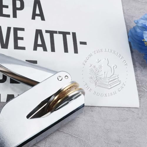 Silver Book Embosser Kit for Wedding Invitations, Journals Decor, Library Embosser Stamp Tool with Storage Box & 10 Pcs Gold Stickers, Gift for Book Lovers(Bookish Cat) - size: Cat Design-2