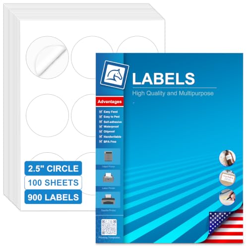 2.5 Inch Blank Round Labels, White Self-Adhesive Printable Circle Stickers, Brand Logo, Storage Container, Gift Box Seal & Retail Product Labels, 900 White Adhesive Labels (100 Sheets) - size: 2.5 IN-100 Sheets(HB-C009)