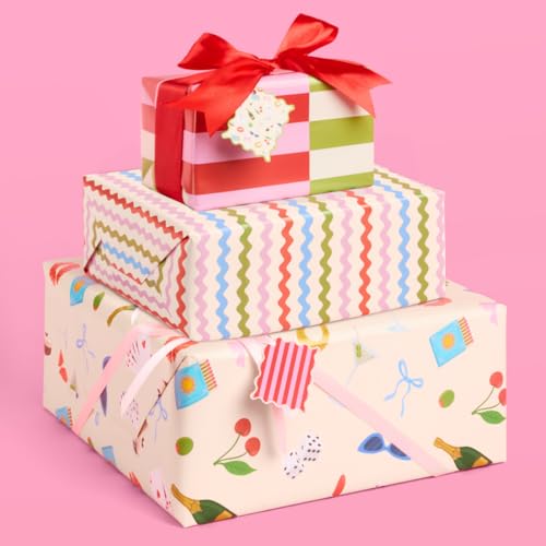 xo, Fetti Girlhood Trendy Wrapping Paper + Tag Set - 12 Sheets | Birthday Gift Wrap, Decorative Christmas Bag, Bachelorette Party Favor
