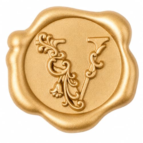 50 Pack Letter V Wax Seal Stickers, Antique Gold 3D Botanical Leaves Stamp Stickers, Self-Adhesive Wax Stickers for Invitation, Gift Wrapping, Party - color: V