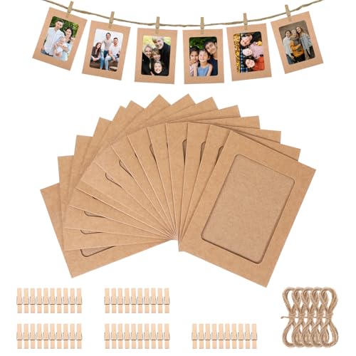 50Pcs 4x6 Paper Picture Frames Bulk, Hanging Pictures with String Photo Hanger with Clips Hanging Photo Display Wall Decor, Diy Picture Frame Craft Birthday Photo Banner for Picture Board for Photos - color: Brown