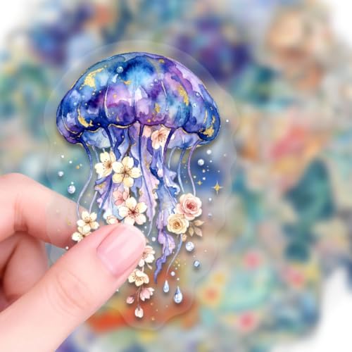 50Pcs Watercolor Ocean Sea Creature Stickers Waterproof Transparent PET Marine Animal Turtle Dolphin Decals for Water Bottle Tumbler Laptop Journal Scrapbooking DIY Decor for Teens Adults Ocean Lovers - color: Watercolor Ocean Sea Creature-10