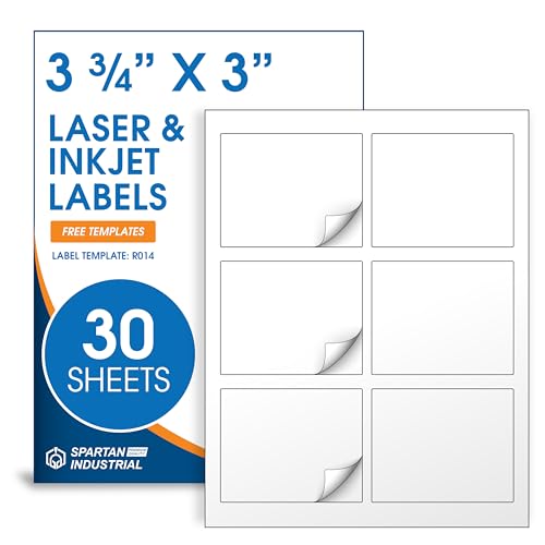 3.75" X 3" Matte White Printable Labels (30 Sheets, 180 Stickers) | Shipping Stickers, Product Packaging Bottle and Candle Labels for Laser & Inkjet Printers - Spartan Industrial Template R014 - size: 3-3/4" X 3"