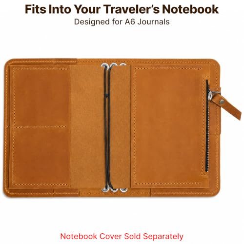 Leather Journal Pocket Insert A6 – Genuine Leather Notebook Organizer with Card Pockets & Large Zipper Pocket, Refillable Travel Insert for Planner 4.1"x5.8", Warm Brown - size: A6