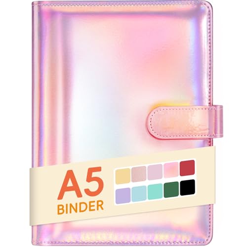 Sooez A5 Notebook Photocard Binder, 6 Ring Planner with Stylish Design, Loose Leaf Personal Organizer Cover with Magnetic Buckle, PU Leather Binder with Soft Colors - color: Shiny Pink, size: A5
