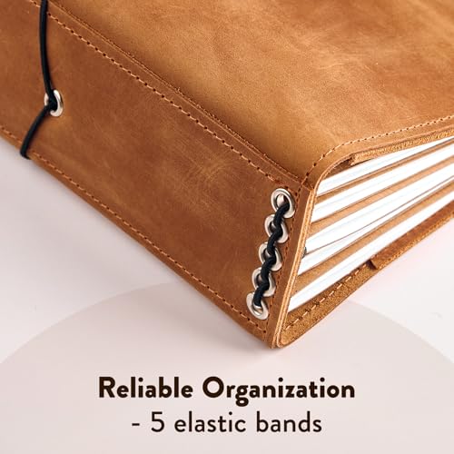 Leather Journal Cover for Regular 4.5" x 8.5" Notebook, Refillable Leather Notebook Case with 5 Elastic Bands, Pen Holder & Pockets, Travel Journal Organizer (Paper Not Included), Caramel Brown - size: Regular