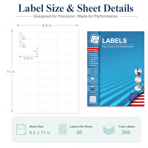 1" x 2-5/8" Address Labels 300 Labels Sticker Paper for Laser & Inkjet Printers, Address, Shipping, Barcode, Mailing & Product Stickers, White Adhesive Labels (10 Sheets) with Free Template - size: 1"x2-5/8"-10 Sheets(HB-R030)