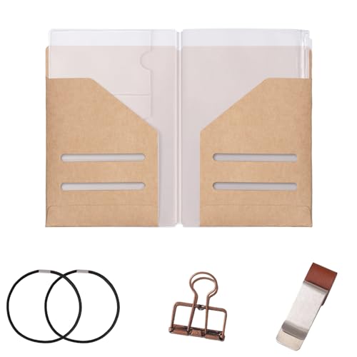 Roadtofree Passport Size Travelers Notebook Accessories Kit - All-in-One Set with Kraft Folder, PVC Zipper Case, Pen Holder, Binder Clip & 2 Elastic Bands for Travel Journal, Daily Use (Kraft, Passport Size 1 PC) - size: Pasport Size 1 PC