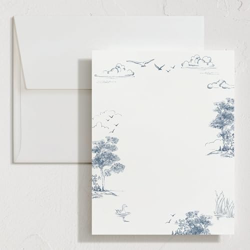 Minted Lake Side Toile Stationery Set, Set of 10 Flat Note Cards & Envelopes for Invitiations and Handwritten Thank You Messages, Toile Design, Lake & Forest Scene, Gifts for Women, Luxurious Paper - color: Lake Side Toile