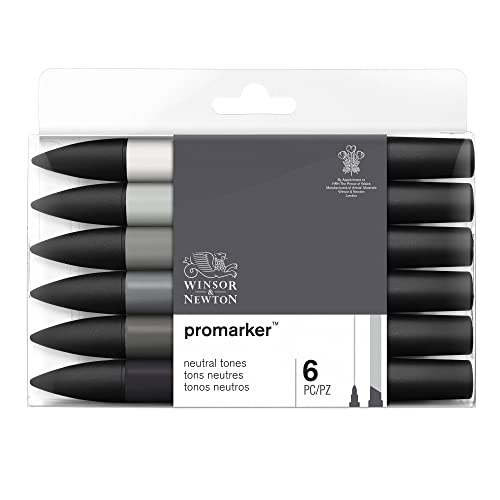 Winsor & Newton ProMarker Set, 6 Count, Neutral Tones | Twin-tipped, Broad chisel nib for broad strokes & shading, Fine bullet tip for precision, Alcohol-Based Ink - color: Neutral Tones, style: Set of 6